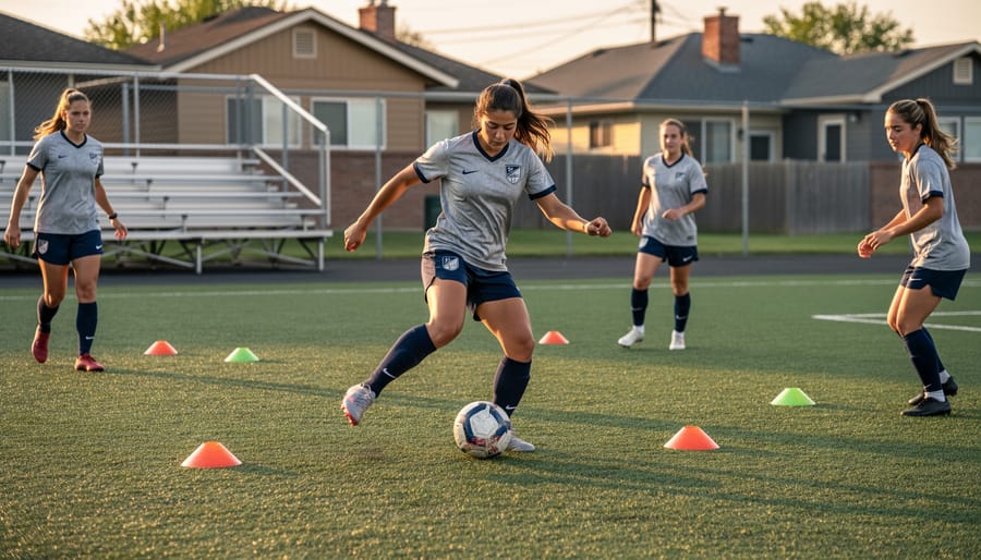 A young soccer player practicing first-touch ball control during a community training session with a coach nearby