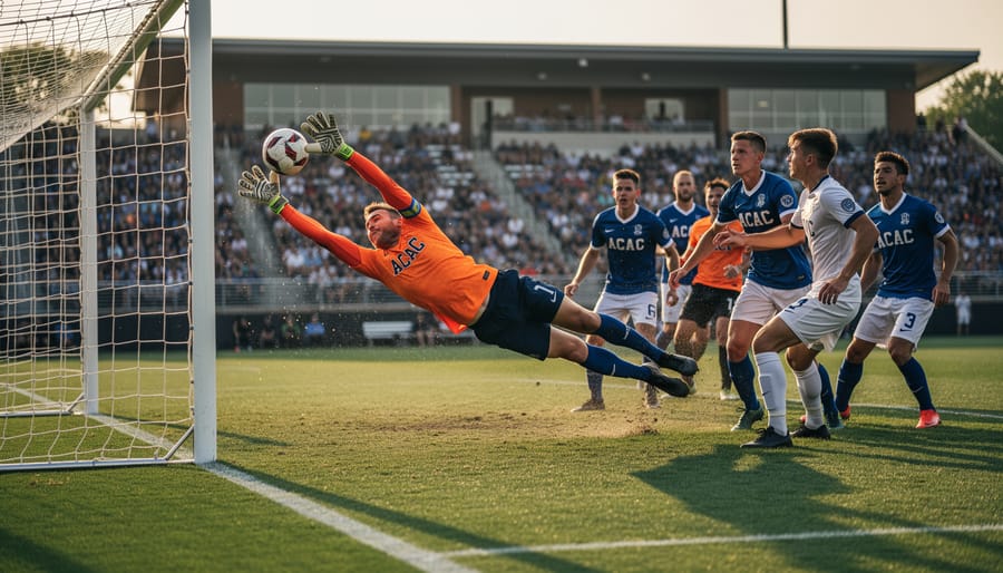 Goalkeeper making a save in front of the net during a women’s soccer game