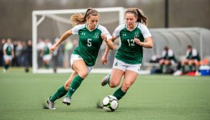 Two women’s college soccer players contest a loose ball during a live ACAC match on an outdoor grass field, with a blurred goal and sideline in the background.