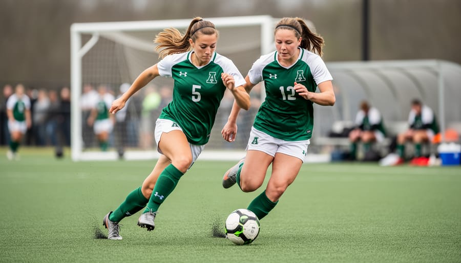Two women’s college soccer players contest a loose ball during a live ACAC match on an outdoor grass field, with a blurred goal and sideline in the background.