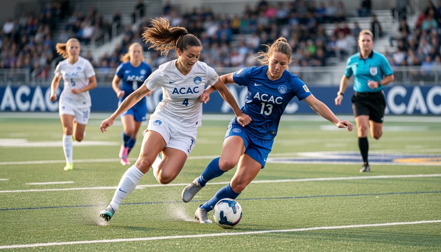 Women’s soccer players contesting a loose ball during a live match on an outdoor field