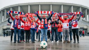 Canadian soccer fans cheering outside a stadium on matchday, wearing scarves and team colors with a soccer ball near them.
