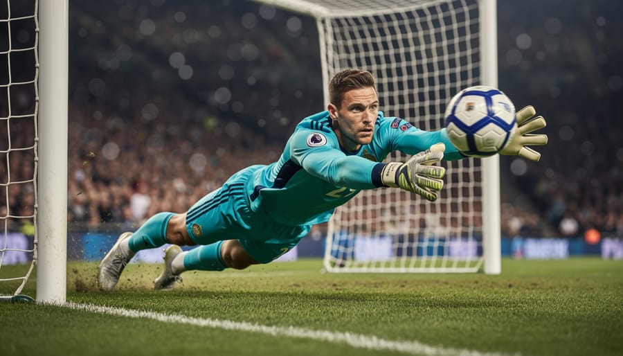 A goalkeeper in a dark kit stretching to make a save during a soccer match.