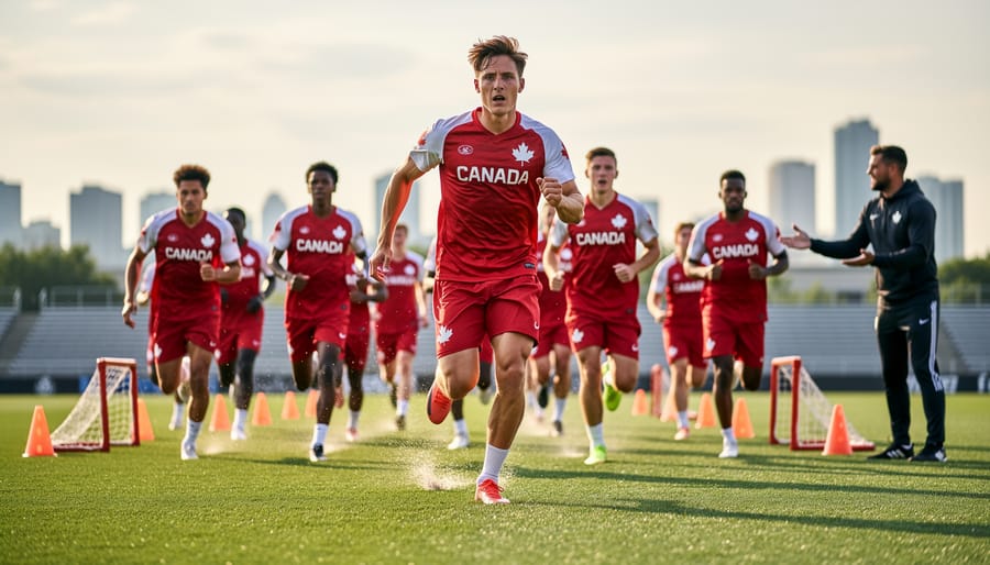 A youth soccer player in white and red kit dribbling on a grass field during a training session.