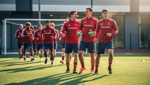 Canada U-20 soccer players training outdoors, with goalkeepers and defenders visible on the pitch in Canada warmup colors.