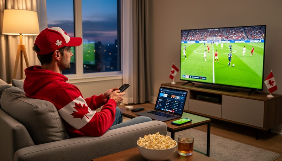 A Canadian soccer fan relaxing on a couch watching a women’s Champions League match on TV.