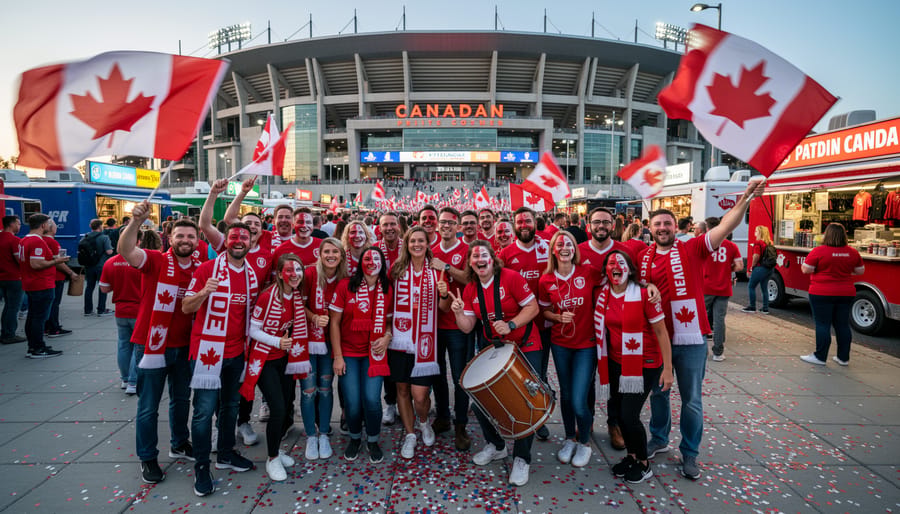 Canadian soccer fans cheering outside a stadium in scarves and team colors.