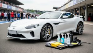 White motorsport car parked at a track-side paddock with car-care supplies and microfiber towels laid out for a weekend show-and-shine.