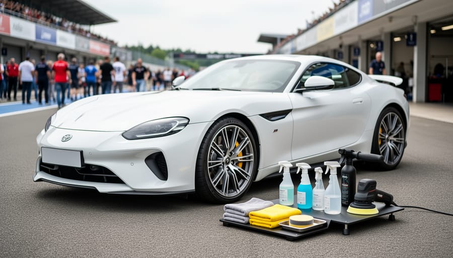 White motorsport car parked at a track-side paddock with car-care supplies and microfiber towels laid out for a weekend show-and-shine.
