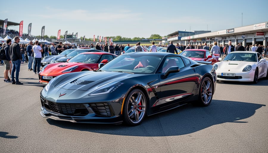 Show-ready car parked in a motorsport show-and-shine lineup with warm sunlight reflections