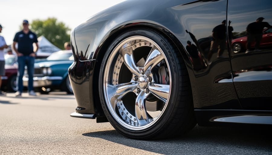Detailing a car wheel and glossy fender exterior with visible paint reflections