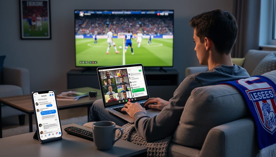 Person using a laptop to join a soccer discussion at home, with a soccer ball in the background.