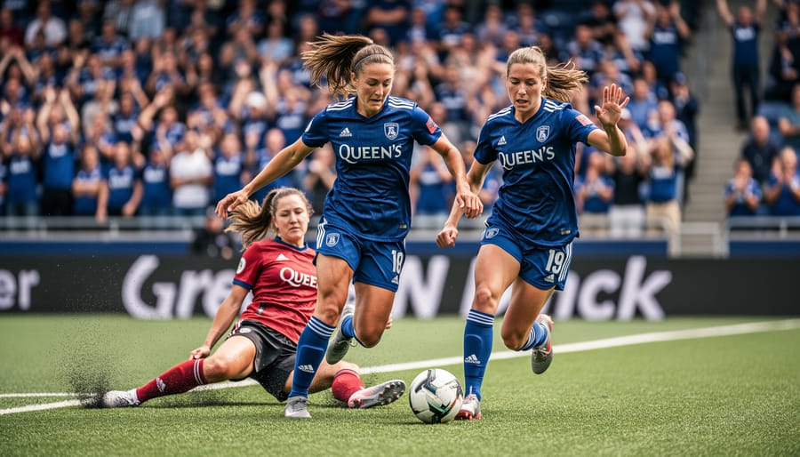 Queen’s Gaels women’s soccer players sprint and challenge for the ball on a green field