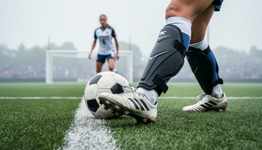 Close-up of women’s soccer cleats and shin guards on the pitch near the ball before kickoff, with a teammate and goal in the softly blurred background.
