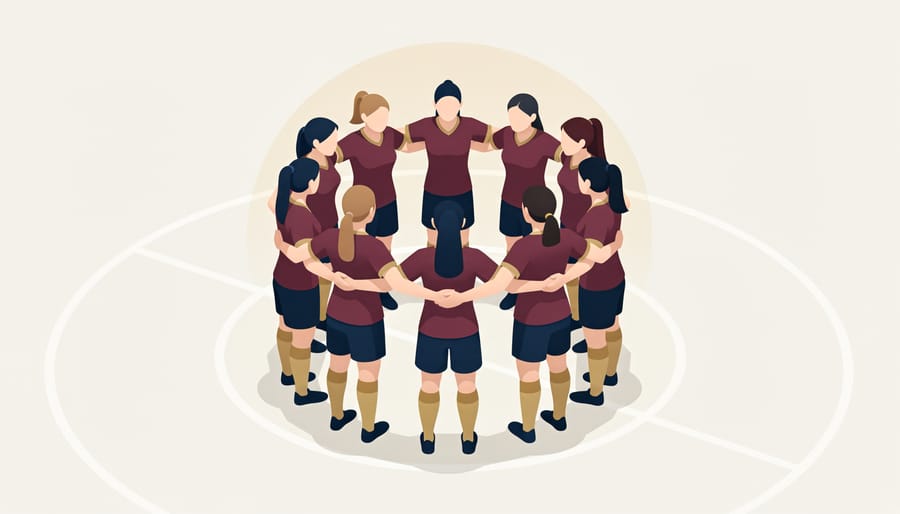 Women’s soccer players in a team huddle with hands stacked on the field at sunset