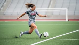 SMU women’s soccer player kicking the ball on a college soccer field during a match-day moment.