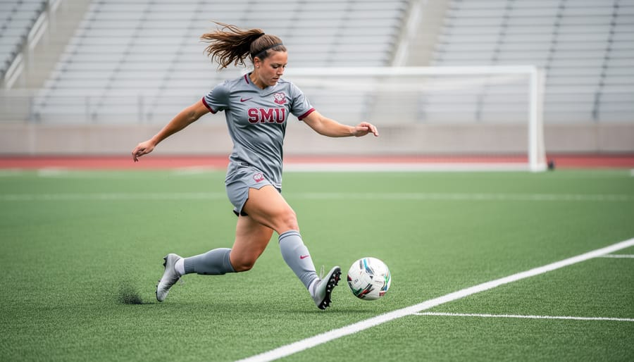 SMU women’s soccer player kicking the ball on a college soccer field during a match-day moment.