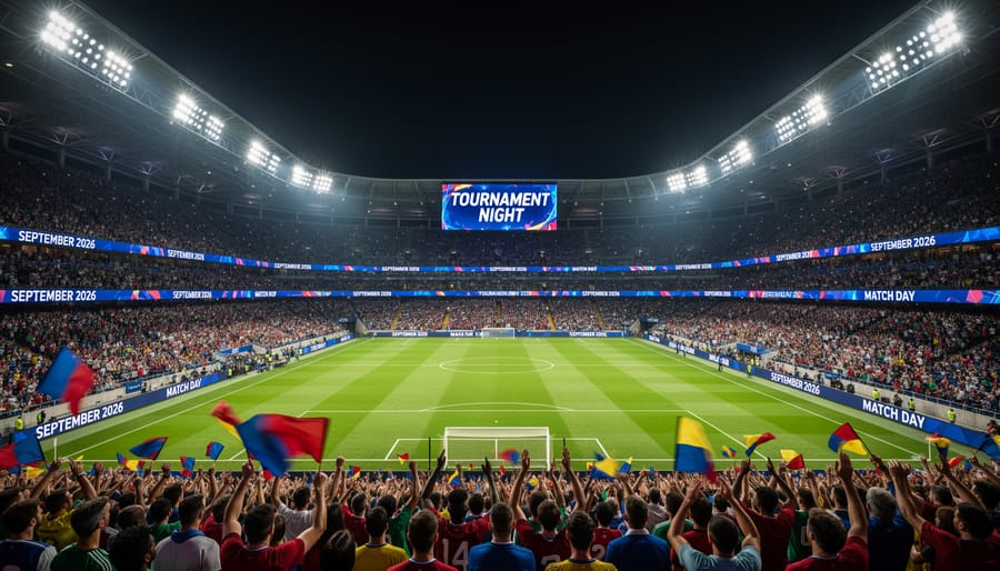 Goal net and stadium stands viewed from near crossbar height.