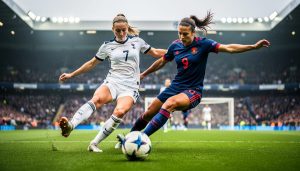 Two women soccer players compete for the ball in the penalty box during the UEFA Women’s Champions League, with one preparing to strike while opponents close in.