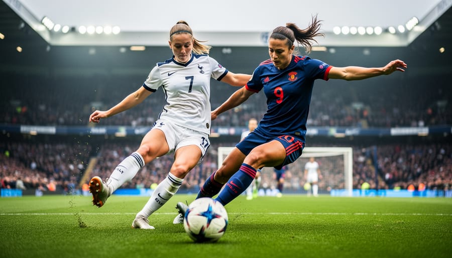 Two women soccer players compete for the ball in the penalty box during the UEFA Women’s Champions League, with one preparing to strike while opponents close in.
