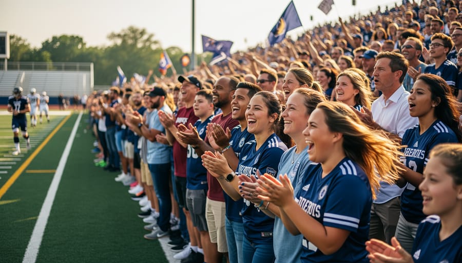 Community fans watching a women’s soccer match from the stands near the field