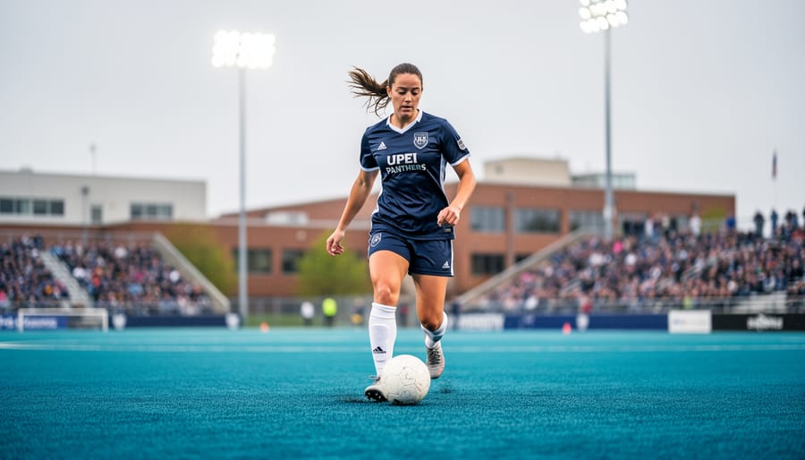 UPEI women’s soccer player controlling the ball on a university soccer field with campus facilities in the blurred background.