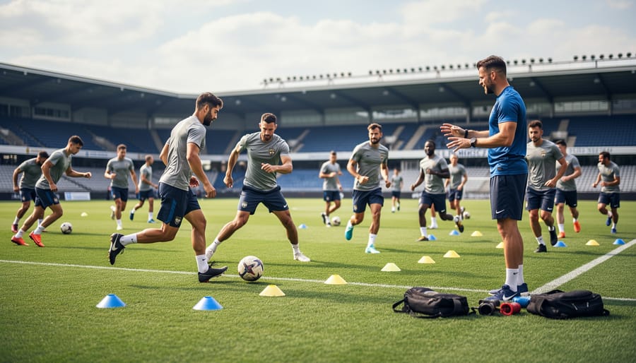 Women’s soccer player controlling a ball during training with teammates blurred in the background