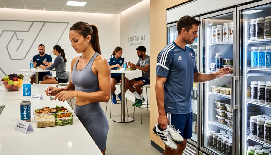 Runner and soccer player holding an insulated cooler with healthy food containers