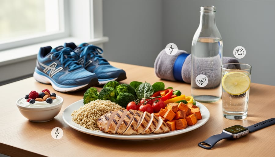 Balanced athlete meal with oats, quinoa, lean protein, olive oil, and vegetables on a wooden plate