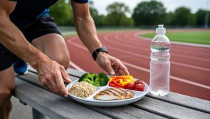 Hands placing a balanced post-workout plate with protein, whole grains, and vegetables next to a water bottle on a bench beside a running track.