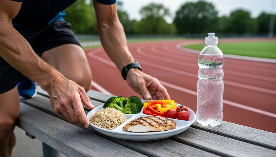 Hands placing a balanced post-workout plate with protein, whole grains, and vegetables next to a water bottle on a bench beside a running track.