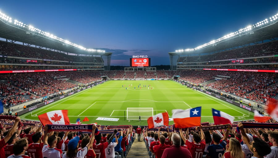 Wide view of BMO Field at night with the pitch lit under stadium lights