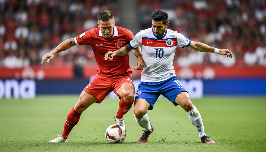 Canada and Chile players contesting the ball during a match