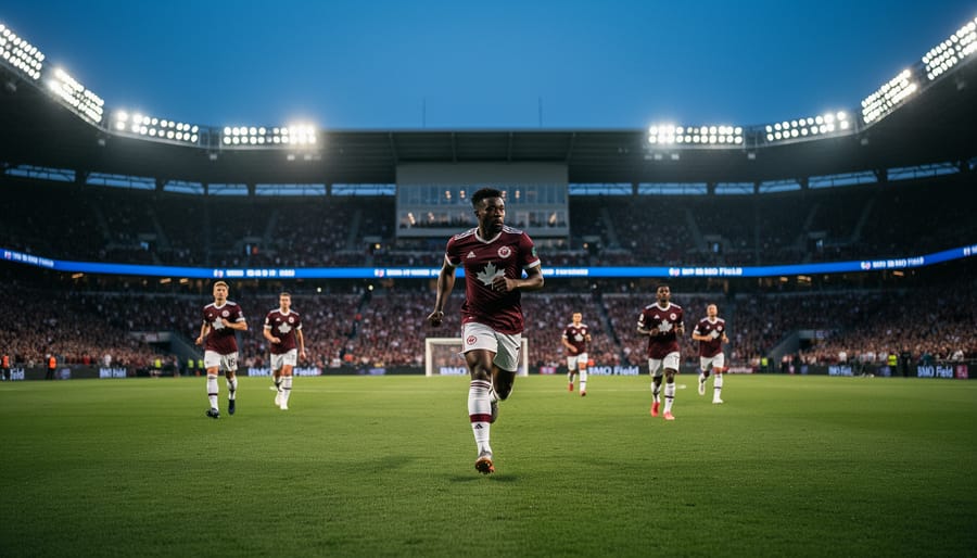 Players in maroon and white sprint on the BMO Field pitch as stadium lights glow over the Canadian homecoming match atmosphere against Chile.