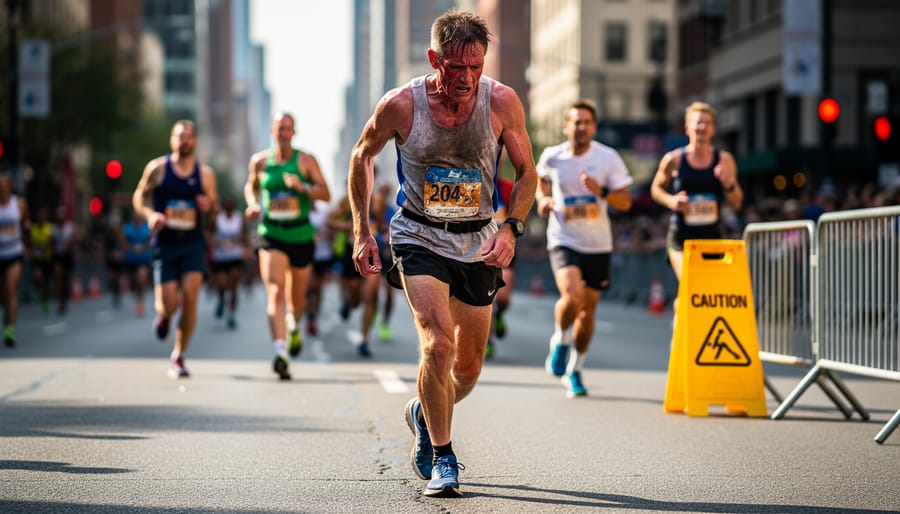 An exhausted runner leans forward with hands on knees on a roadside during a run.