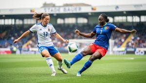 Japan and Haiti women’s soccer players contest the ball mid-action on a stadium pitch during a friendly match.