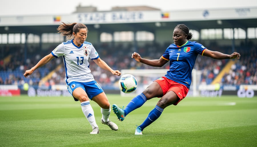 Japan and Haiti women’s soccer players contest the ball mid-action on a stadium pitch during a friendly match.