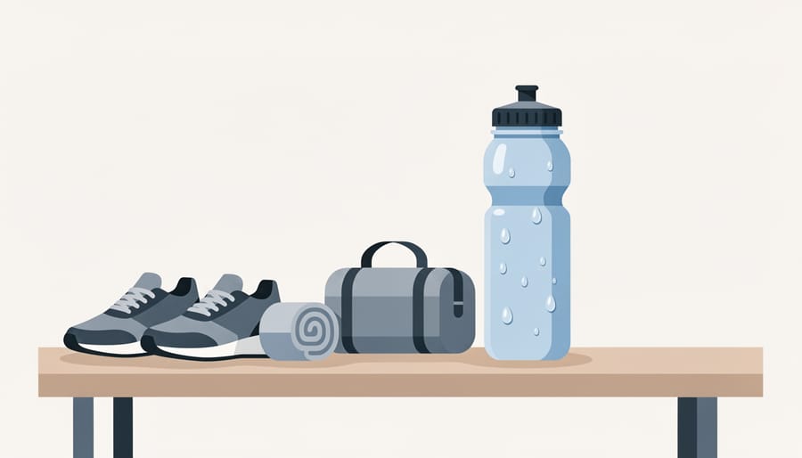 Condensation-covered water bottle placed beside running shoes and training gear