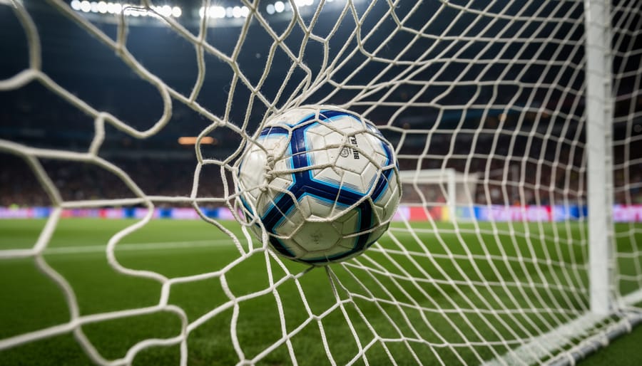 Football hitting the goal net with strands rippling under stadium lights