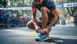 “Runner lacing up shoes at a half-marathon start line, with a blurred crowd and race barriers in the background.”