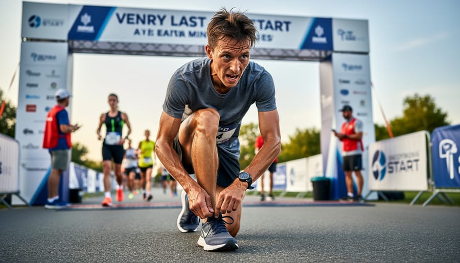 A runner ties shoelaces before a half marathon on an early, dimly lit street.