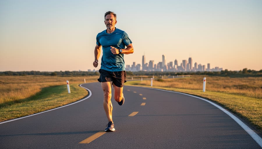 Runner jogging along an early-morning road with a hydration vest, viewed from behind.