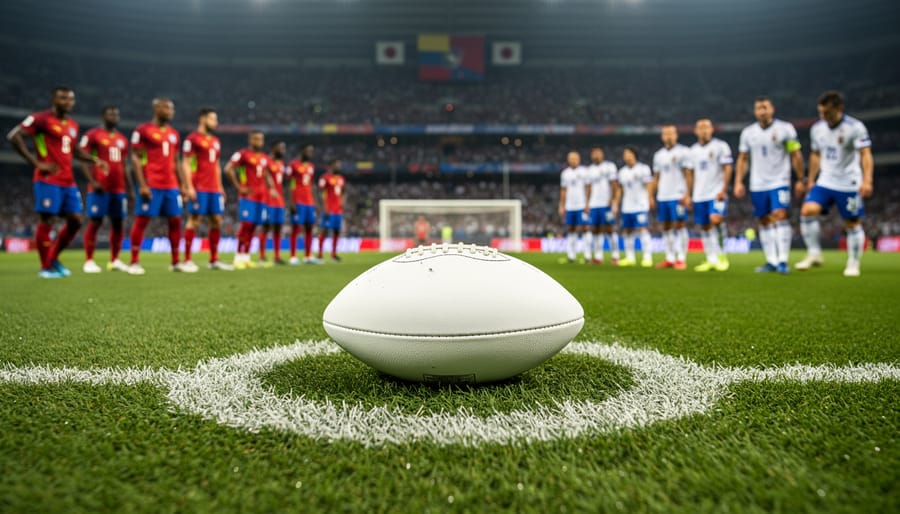 A scuffed women’s soccer ball resting on the grass near the center circle under stadium lighting.