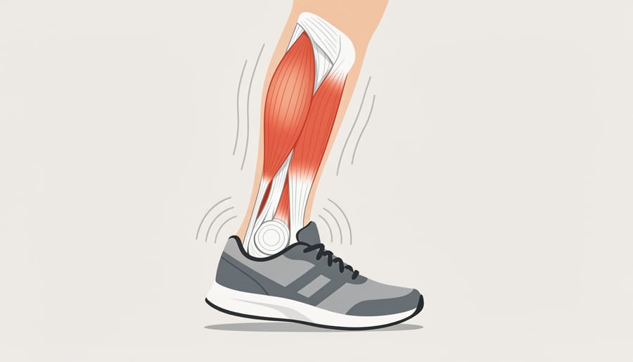 Close-up of a runner’s shin and calf resting after a run, showing signs of strain and fatigue.