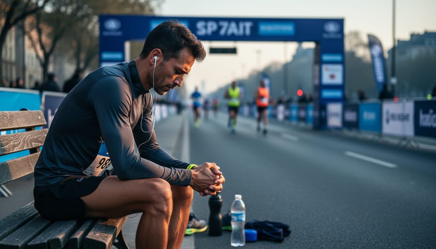 Runner seated and focused before race day with a race bib visible in a jacket pocket.