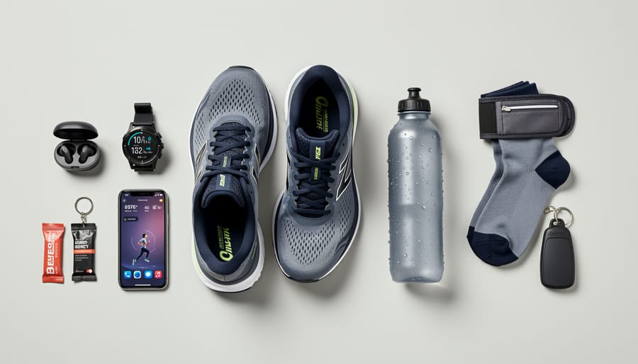 Runner tying shoelaces with a GPS watch and hydration gear visible next to a running bag.