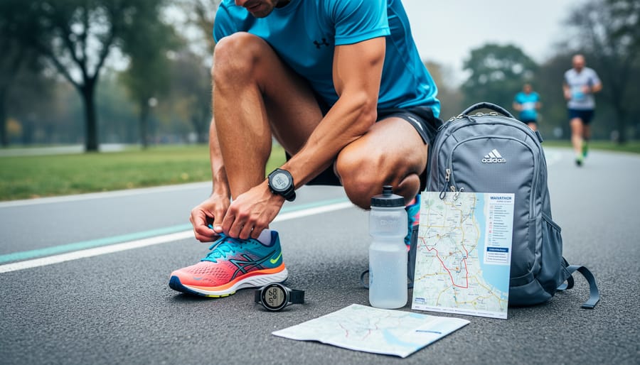 “Runner tying shoelaces beside a GPS running watch and hydration bottle on a park path, representing marathon training readiness.”