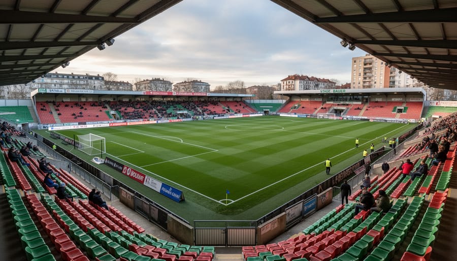 View of a soccer stadium goal and pitch at Stade Bauer with sharp details on grass and netting.