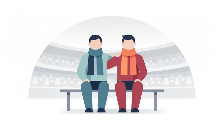 Two soccer scarves in team colors resting on a bench in a stadium setting