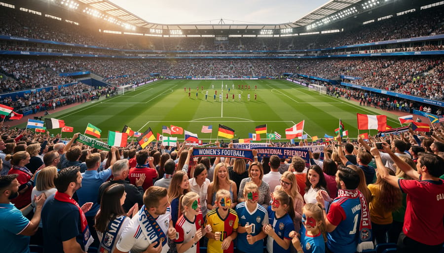 Wide view of a women’s international soccer stadium with players on the field